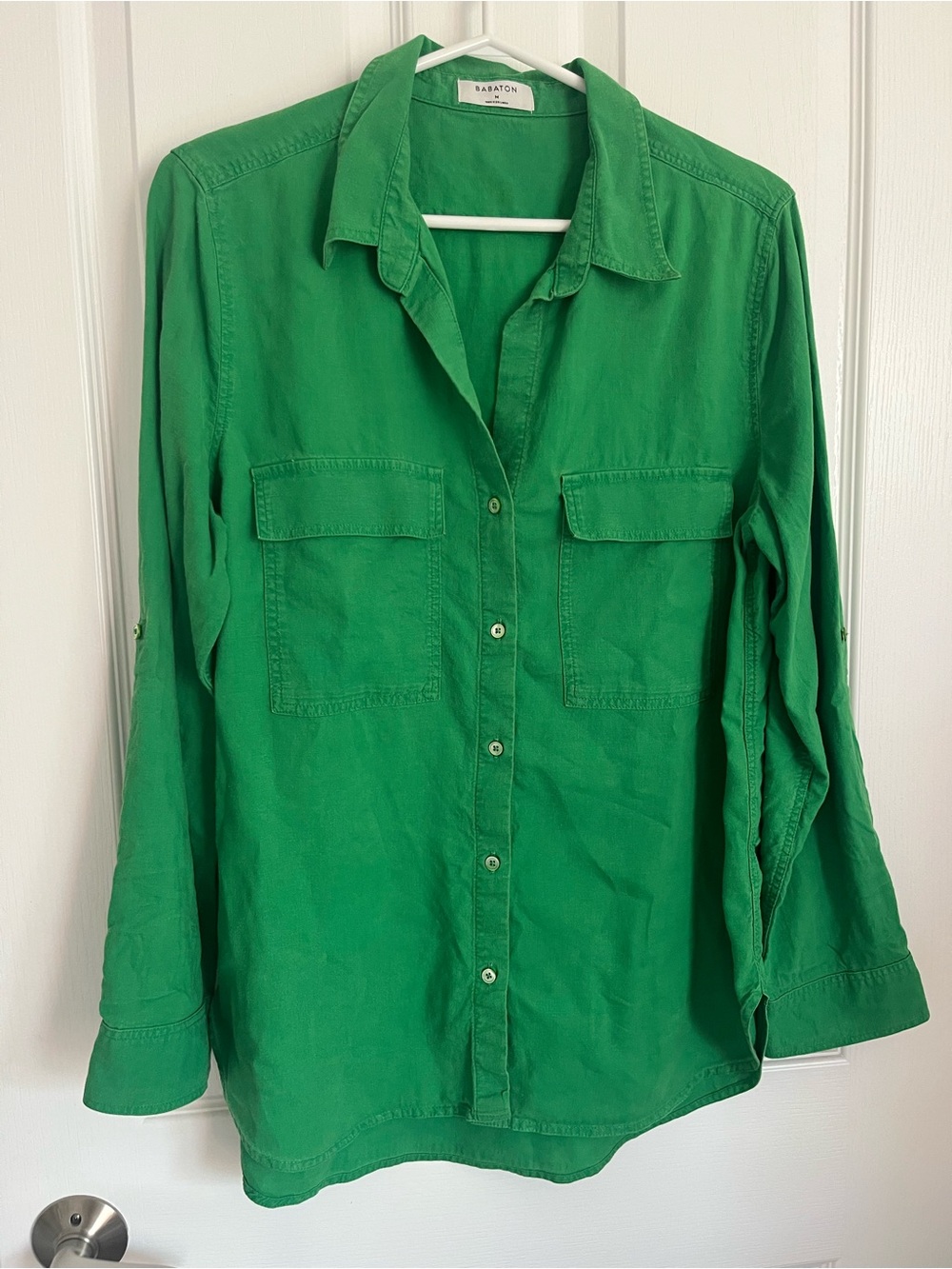 Babaton Utility Shirt - Linen Blend Green Button-Front Shirt